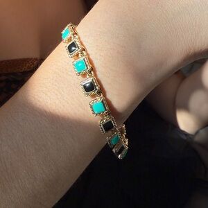Vintage Gold Bracelet Turquoise & Black Squares